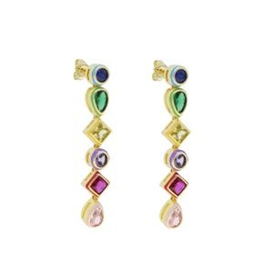 Colorful Geometric Rainbow CZ Drop Earrings – Gold Tone Statement Dangles